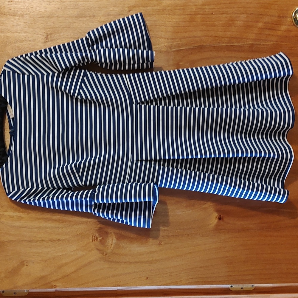 Altar'd State Cute Retro Sailor Dress Blue White Stripe Pleated Bell Sleeve Med